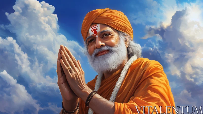 Elderly man in orange robe with folded hands against sky.