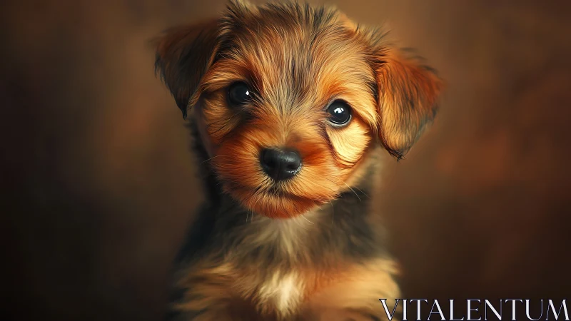 Soft-lit puppy portrait captures soulful eyes and warm fur tones.