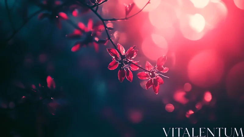 Crimson blossoms glowing against darkened foliage.