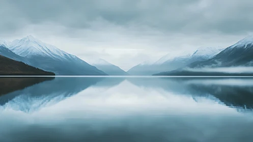 Symmetrical alpine lake reflection under overcast low-contrast light
