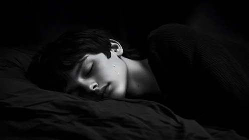 Monochrome side profile of sleeping person in low light.