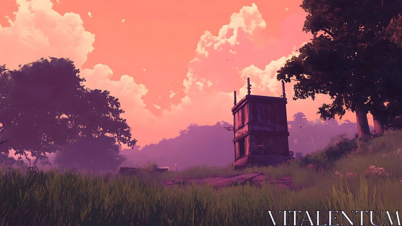 Sunset tower quietly resting in a dreamy pink meadow.