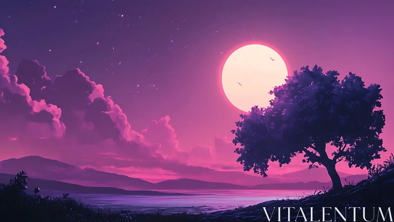 Violet coastal moonrise with silhouetted tree and clouds.