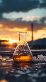 Erlenmeyer flask with amber solution in sunset backlight.