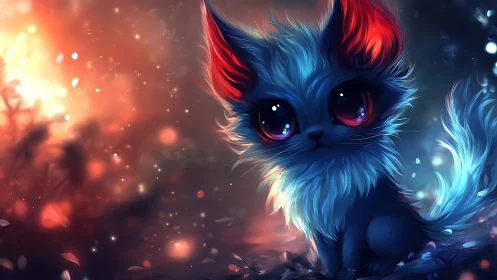 Neon fantasy kitten with glowing fur in twilight forest.