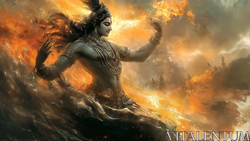 Mythic deity in elemental storm, cinematic digital painting.