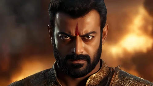 Close frontal portrait of warrior in ornate attire.