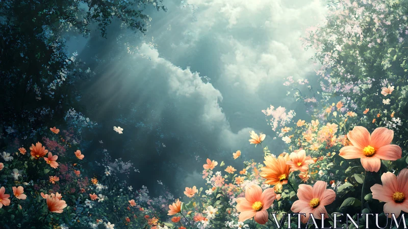 Cosmos flowers frame sky with dramatic light rays and cloud formations