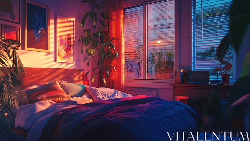 Chromatic dusk bedroom with volumetric light diffusion study.