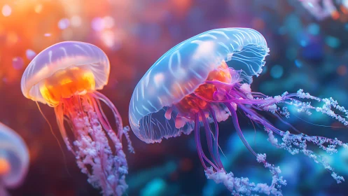 Neon drift of glowing jellyfish in a dreamy liquid cosmos.