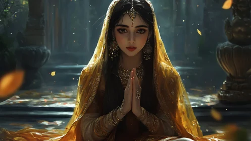 Golden veiled priestess in autumn-lit temple hush.