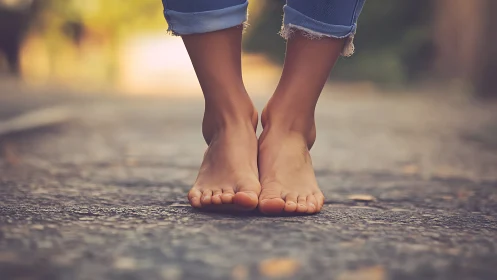 Bare feet on outdoor path in soft sunlight, casual and relaxed style.