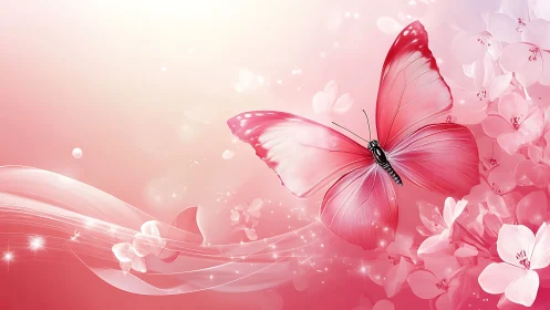 Pink gradient butterfly over floral waves in soft light.