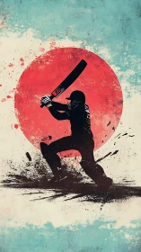 Dynamic cricket batsman silhouette strikes against red sun backdrop