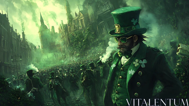 Spectral St. Patrick&rsquo;s parade in emerald industrial fogscape.