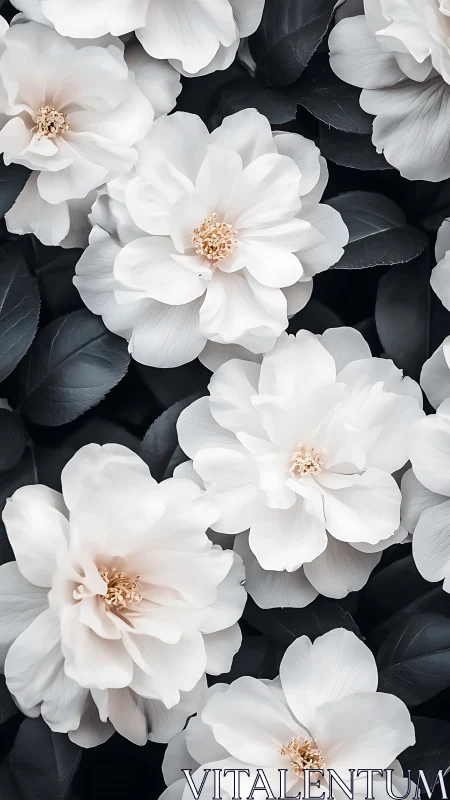 Densely Layered White Camellia Blossoms with Golden Stamen Against Dark Foliage Backdrop