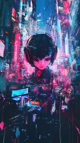 Solitary listener sinks into neon-soaked cyber city nights