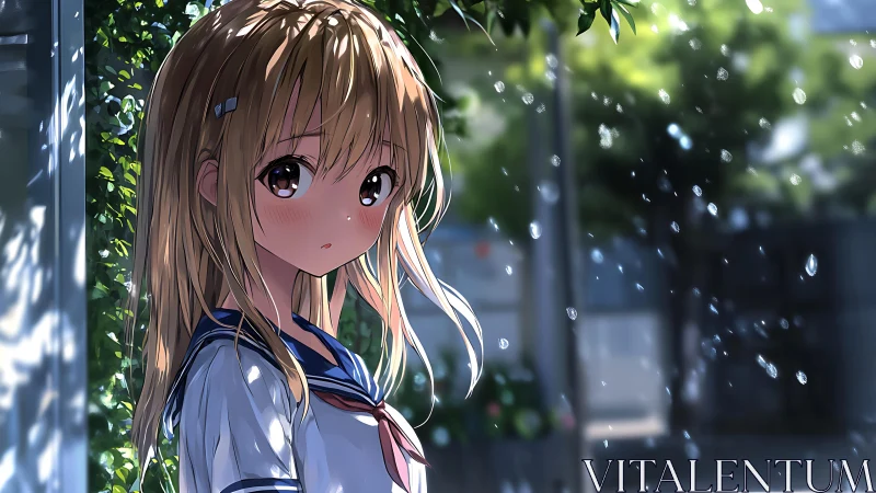 Melancholic schoolgirl pauses under soft shimmering rain.