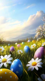 Painted Easter eggs gossip quietly among sunlit daisies