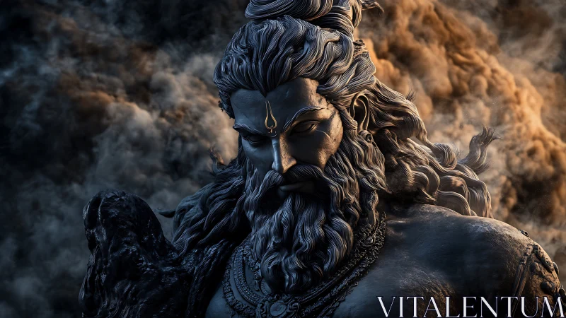 Divine warrior statue emerges from swirling storm clouds.