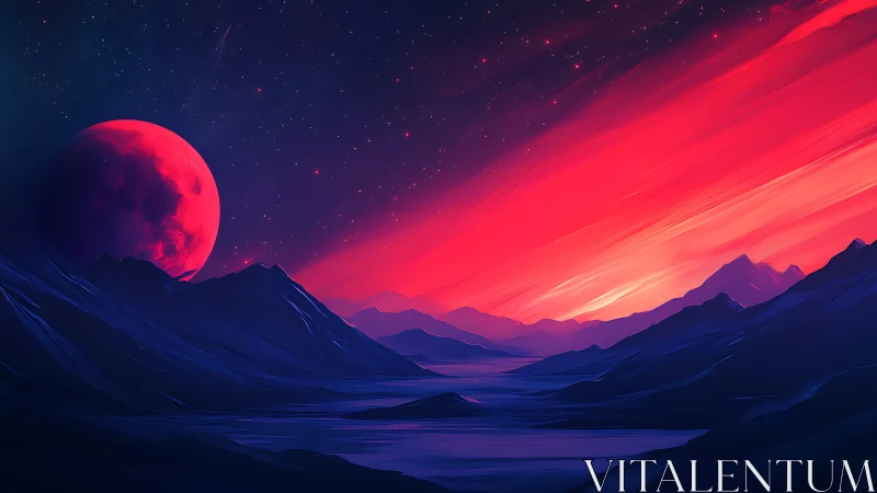 Crimson planet rising over neon twilight mountain valley.