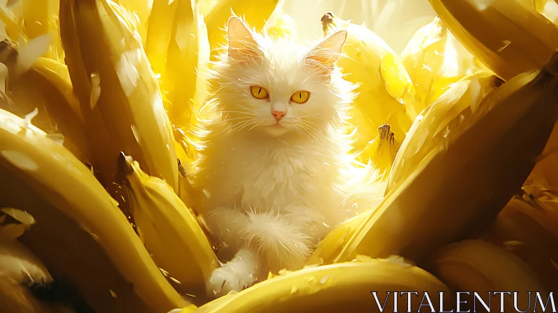 White Cat with Golden Eyes Amid Luminous Yellow Foliage
