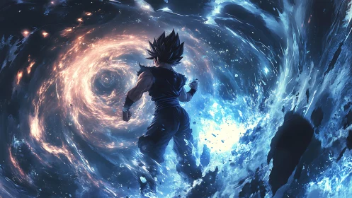 Cosmic warrior silhouette confronting swirling energy vortex.