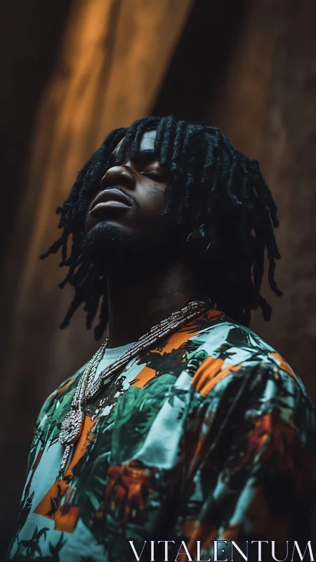 Portrait shows man in patterned shirt and jewelry outdoors