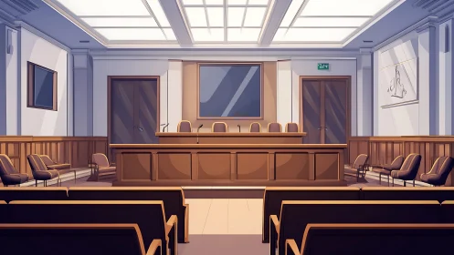 Modern courtroom interior glows under bright skylights.