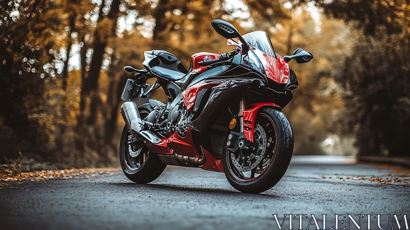 Sportbike poised on forest road in warm autumn light.