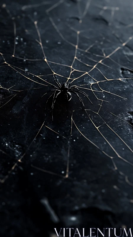 Macro analysis of black spider on fractured gold web surface.