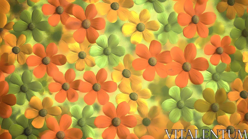 Colorful flowers in orange, yellow, and green bloom tightly packed together