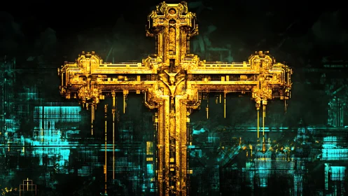 Geometric golden cross with digital structural detailing.