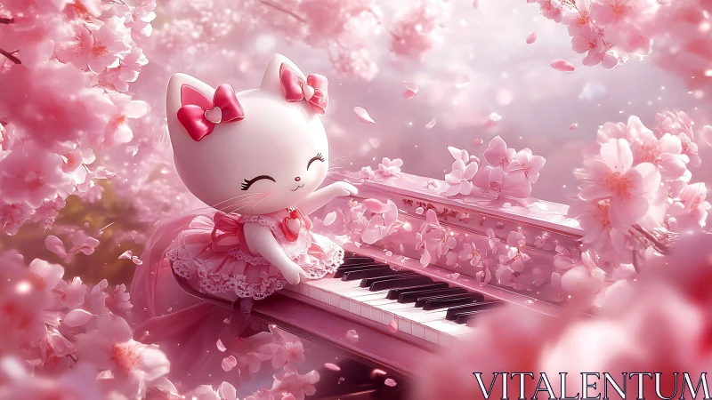 Cute white cat at pink piano in cherry blossom scene.