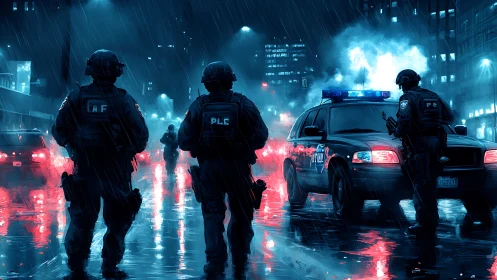 Neon-lit tactical police standoff in rain-soaked city street.