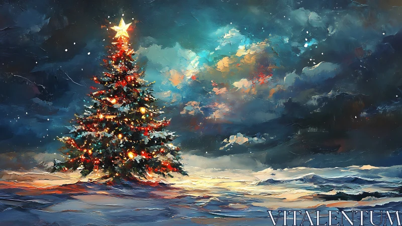 Star-crowned winter tree glowing against stormy auroras.