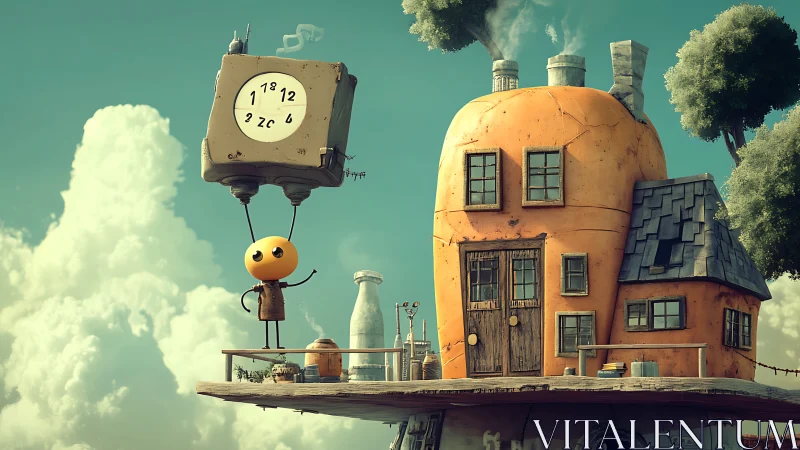 Surreal carrot house with hovering robot holding distorted clock