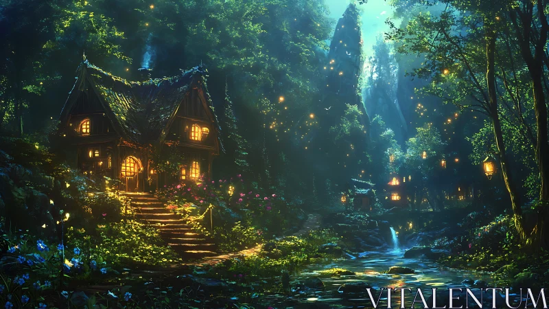 Enchanted woodland cottage illuminated by bioluminescent fireflies