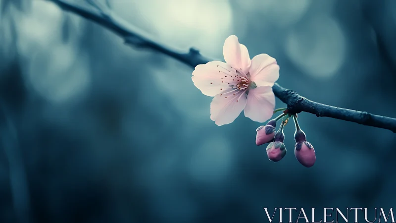 Delicate Blossom with Berries on Branch in Cool Tones