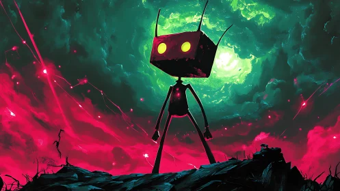 Neon-eyed robot sentinel under stormlit cosmic sky.