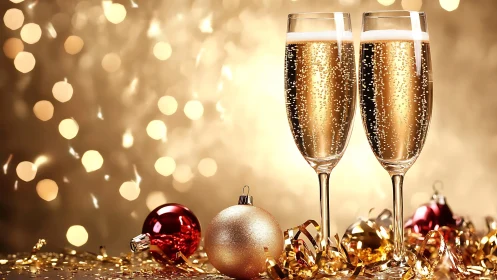Sparkling champagne toasting amid golden holiday lights