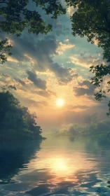 Sunlit river valley captures atmospheric depth and reflection