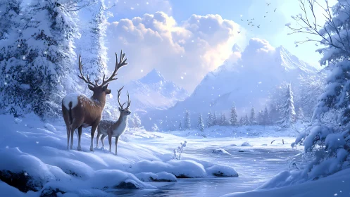 Snowy deer stand quietly amid glowing alpine sunrise