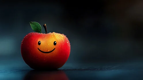 Smiling dewy red apple on moody blue cinematic backdrop.