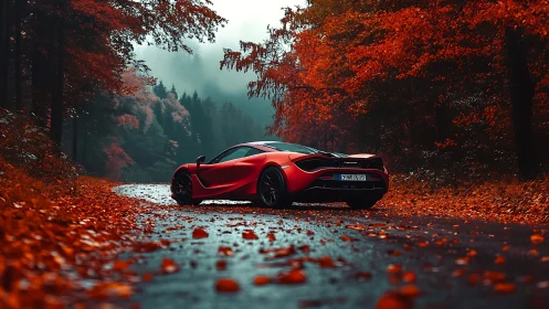 Crimson supercar paused in a quiet tunnel of autumn fire.
