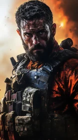 Battle-hardened soldier amid blazing battlefield inferno.