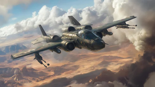Twin-engine attack aircraft over arid canyon landscape.