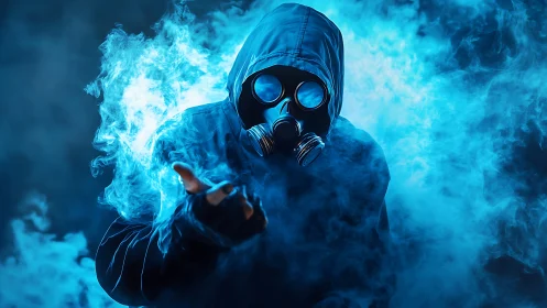 Hooded gas mask figure in dense blue illuminated smoke.
