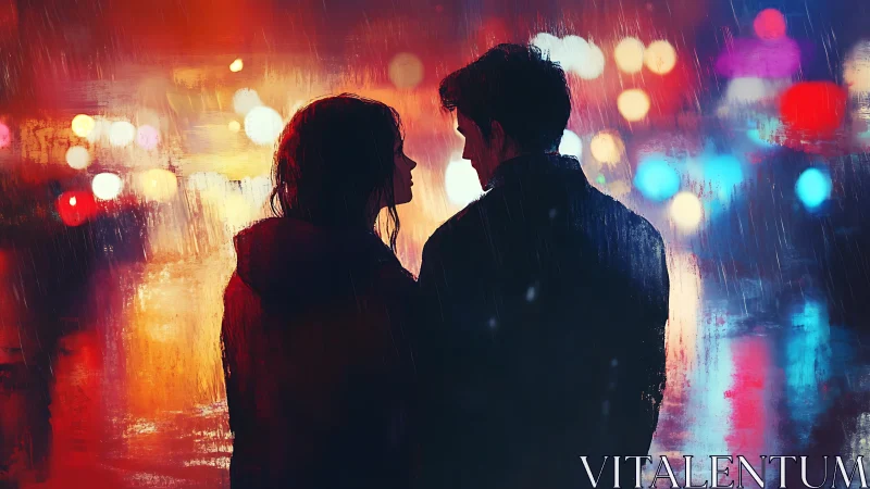 Two Figures Silhouetted in Rain-Soaked Urban Street Setting
