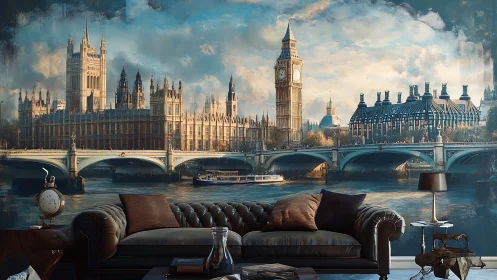 London riverside mural behind leather sofa in living room.